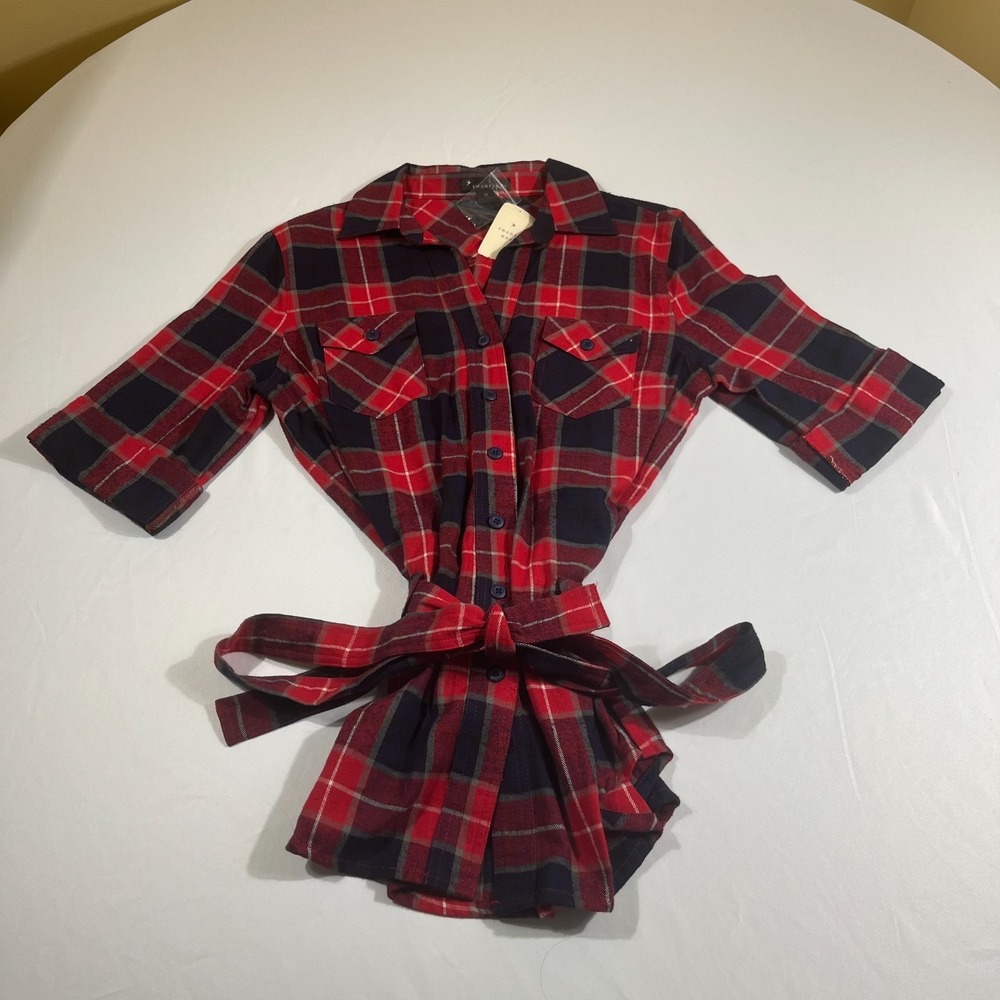 Twenty One Plaid Shirt Dress‎ Medium Red Navy Tartan Button Up Belted Short